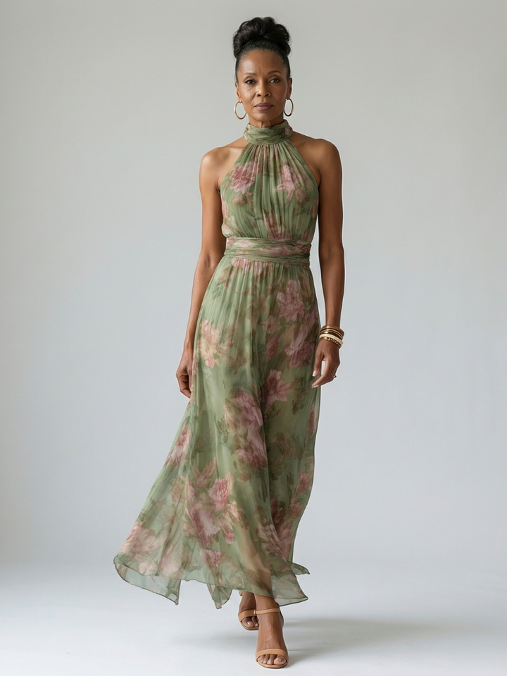 Mireille | Robe Midi à Encolure Halter Froncée