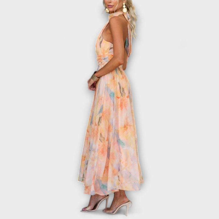 Elara | Robe Maxi avec Décolleté Croisé et Imprimé Aquarelle
