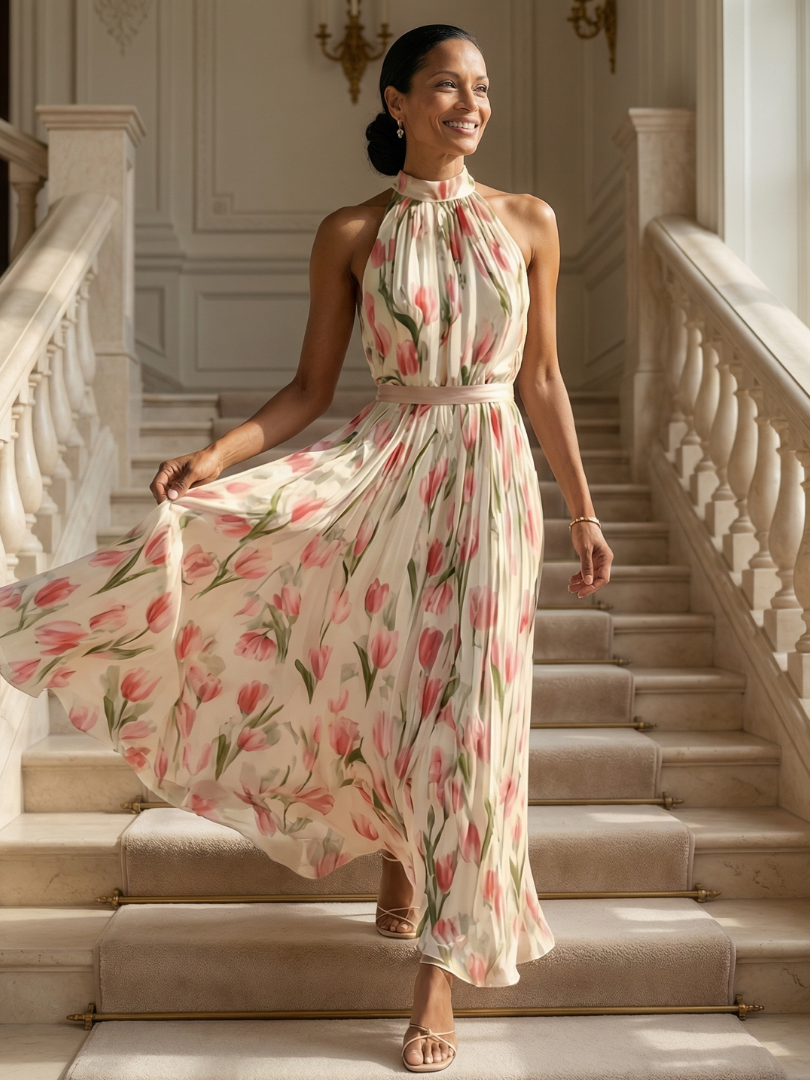 DELACROIX | Robe Midi à Fleurs Aurelle avec Col Halter