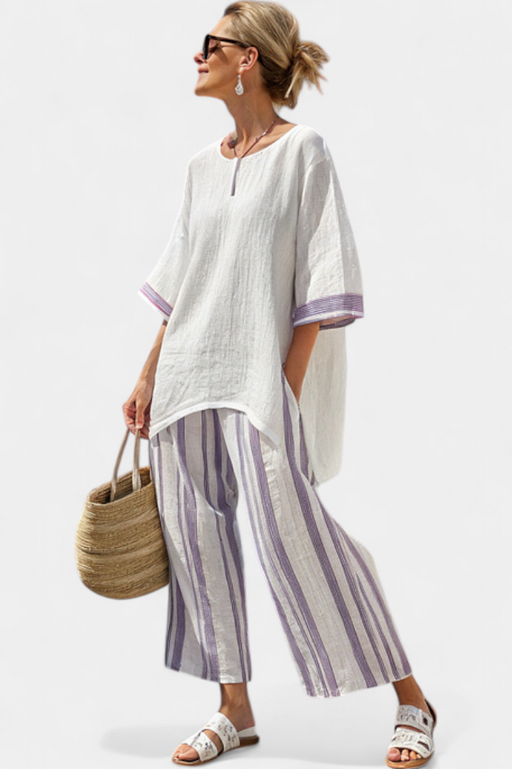 Allegra — T-Shirt Confortable et Pantalon en Bambou Rayé