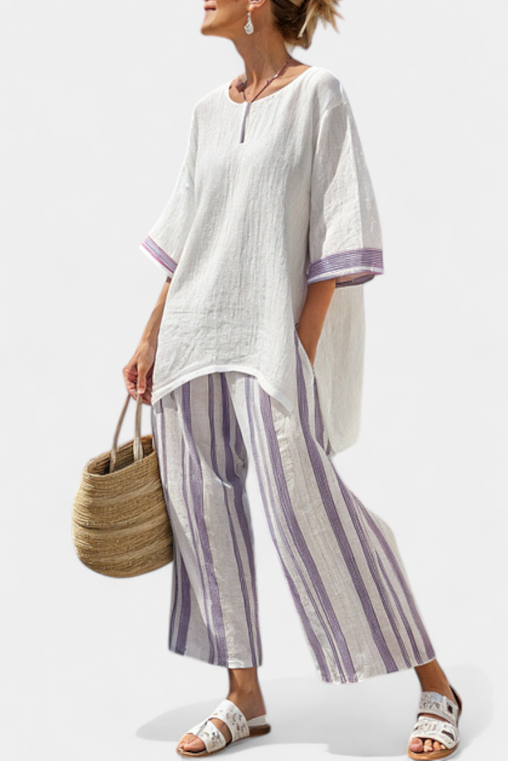 Allegra — T-Shirt Confortable et Pantalon en Bambou Rayé