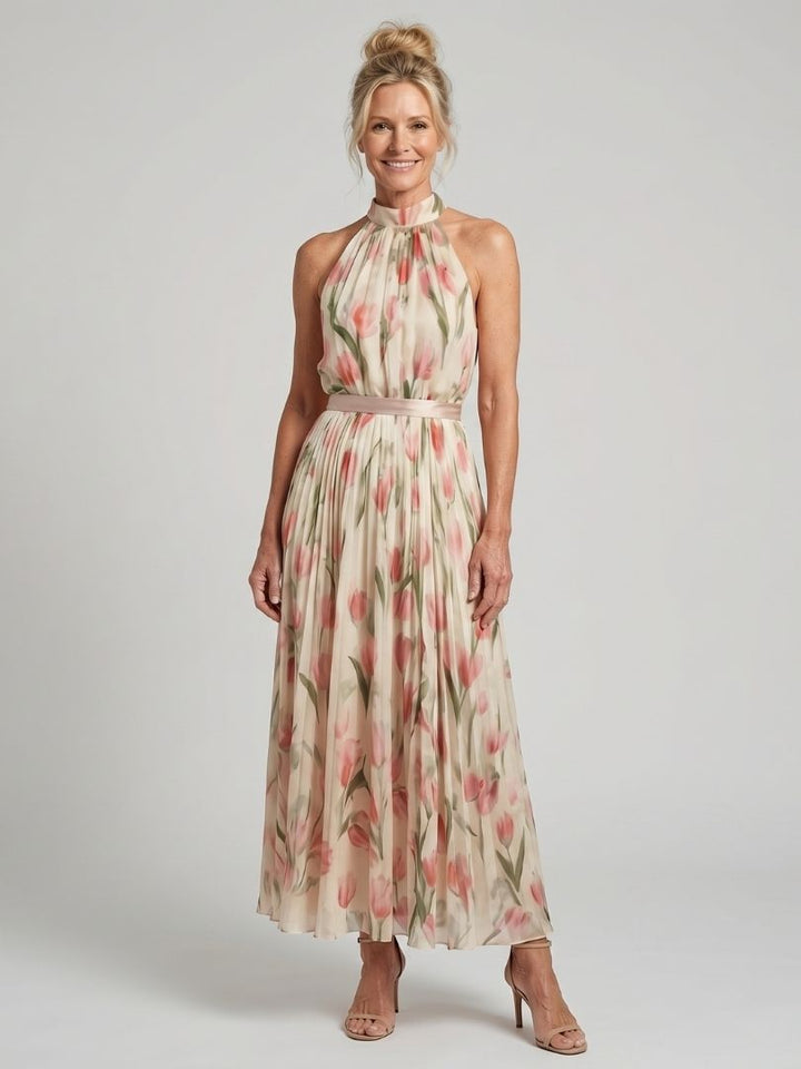 Aurelle | Robe Midi à Motif Floral avec Col Halter