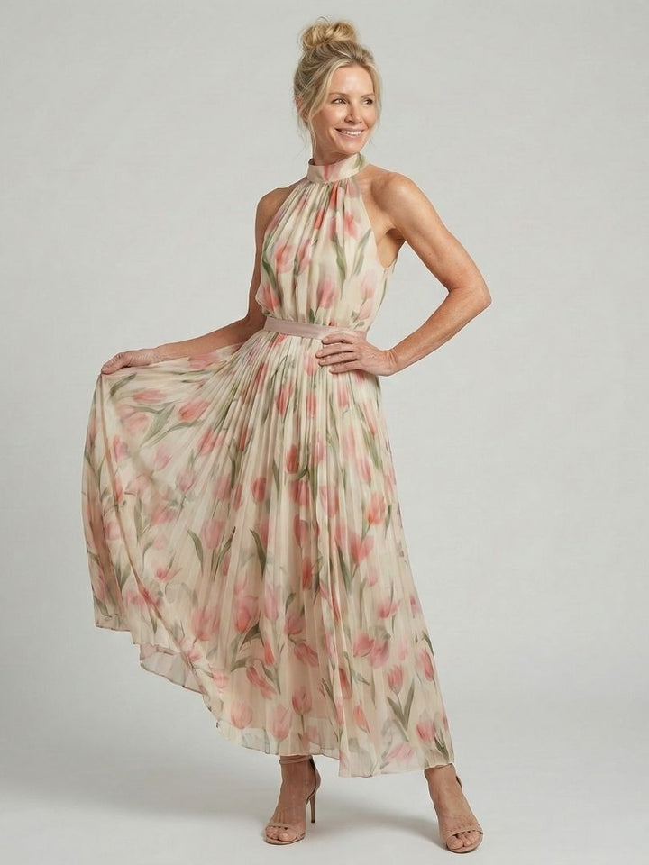 Aurelle | Robe Midi à Motif Floral avec Col Halter