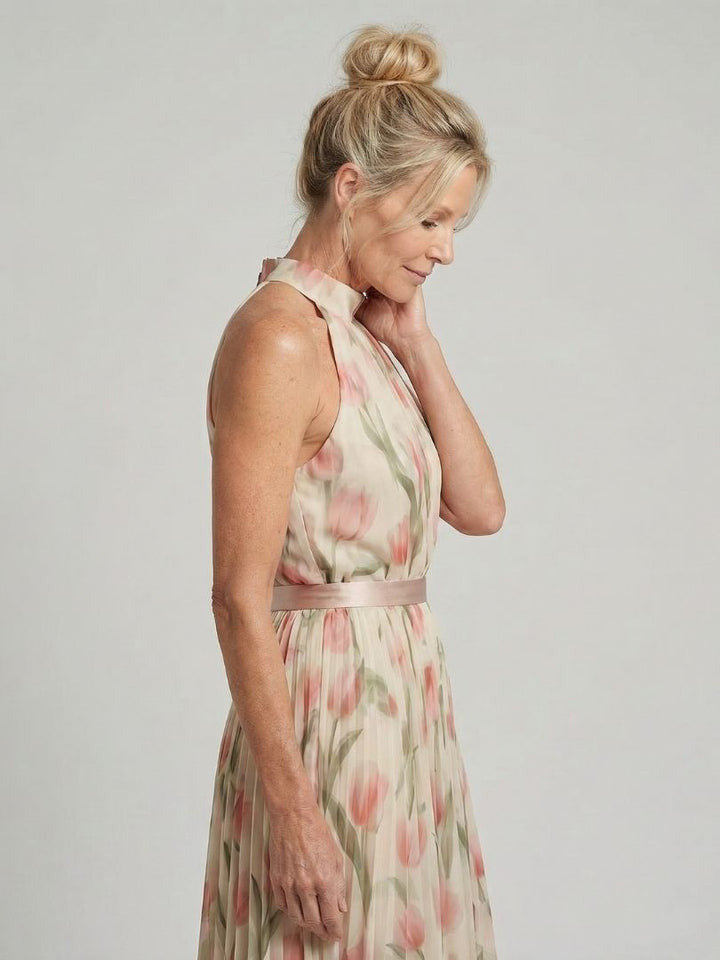 Aurelle | Robe Midi à Motif Floral avec Col Halter