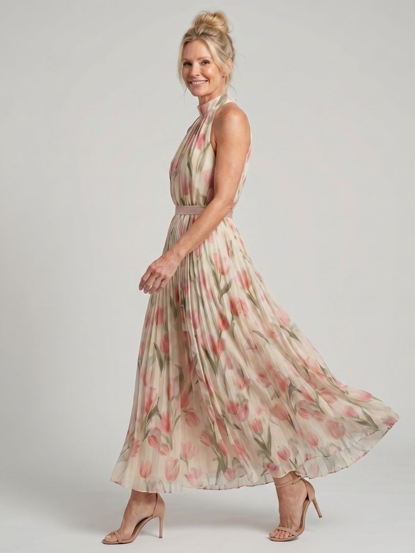 Aurelle | Robe Midi à Motif Floral avec Col Halter