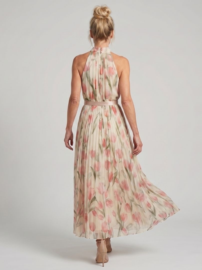 Aurelle | Robe Midi à Motif Floral avec Col Halter