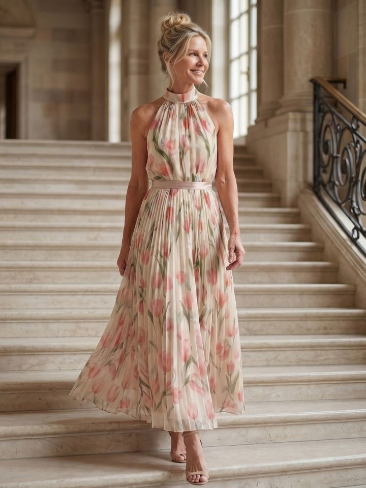 Aurelle | Robe Midi à Motif Floral avec Col Halter