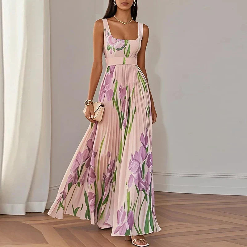 LYRA | Robe Maxi Florale Élégante avec Silhouette Plissée Flatteuse