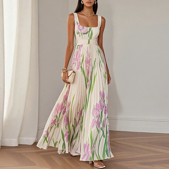 LYRA | Robe Maxi Florale Élégante avec Silhouette Plissée Flatteuse