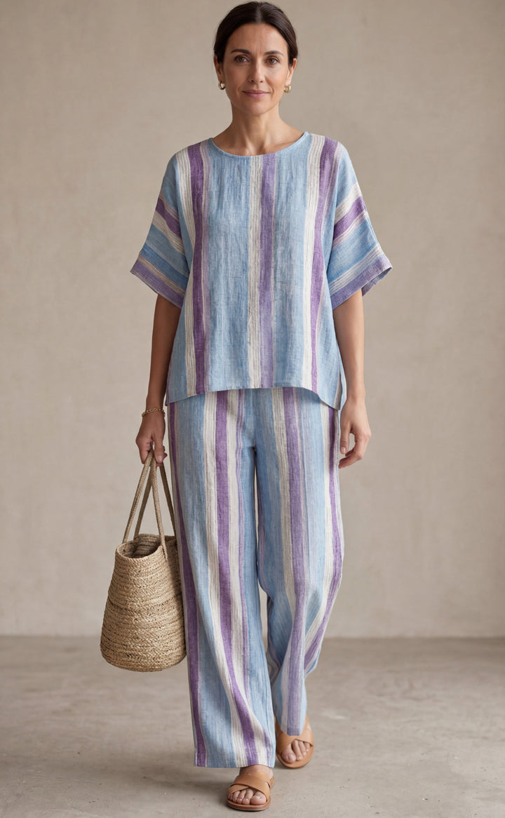 Ginevra — Haut élégant en mauve pastel et pantalon en lin rayé