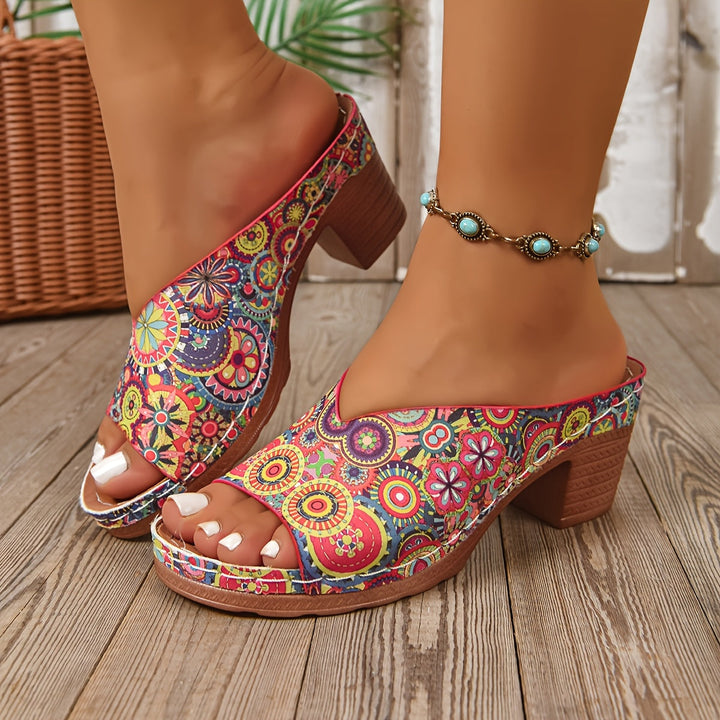 Sophia | Sandales à Talon Épais Floral