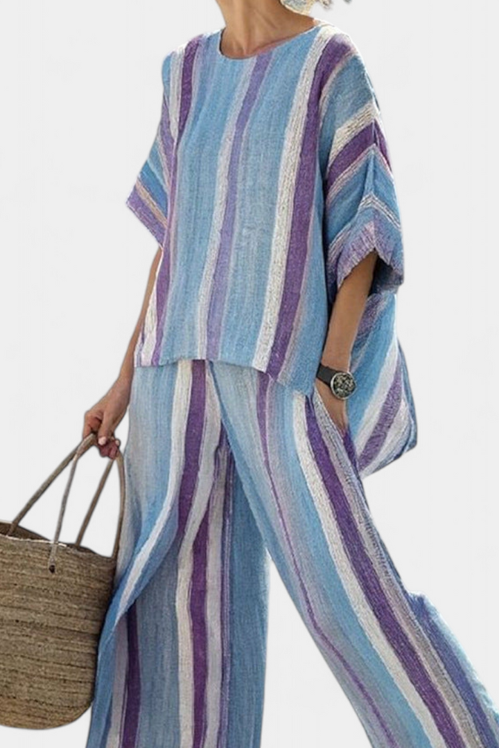 Ginevra — Haut élégant en mauve pastel et pantalon en lin rayé