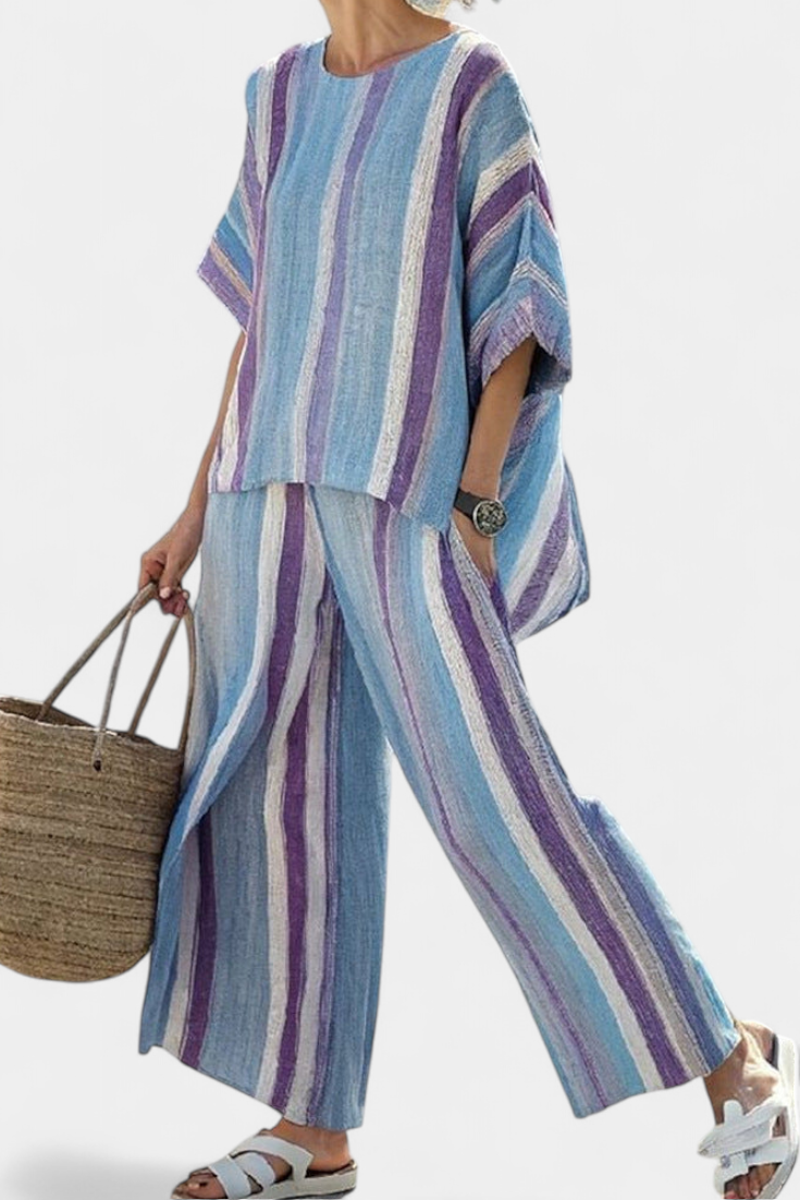 Ginevra — Haut élégant en mauve pastel et pantalon en lin rayé