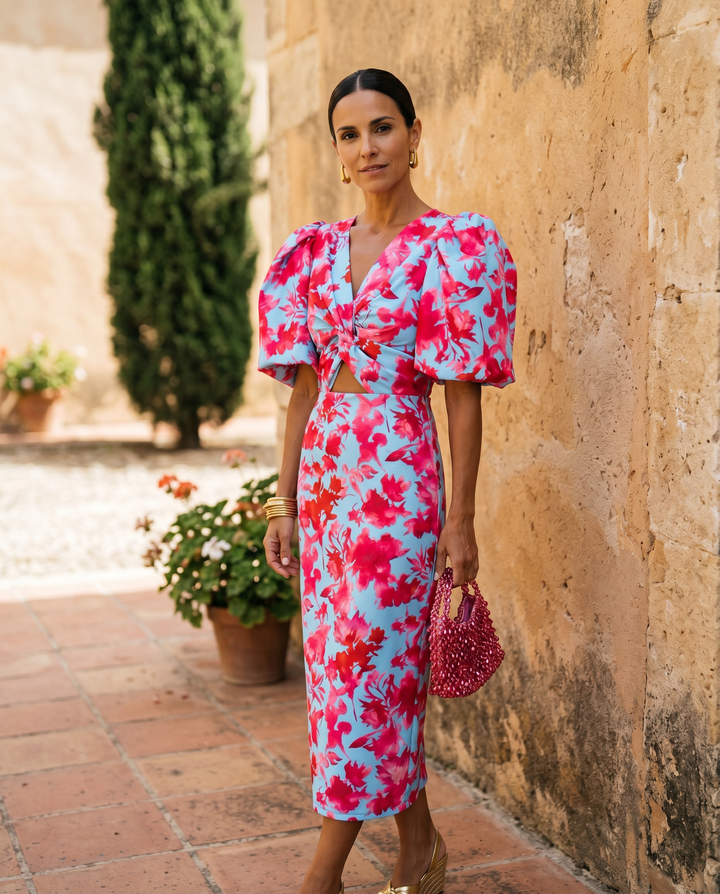 Carla | Robe Midi Imprimée avec Manches Bouffantes