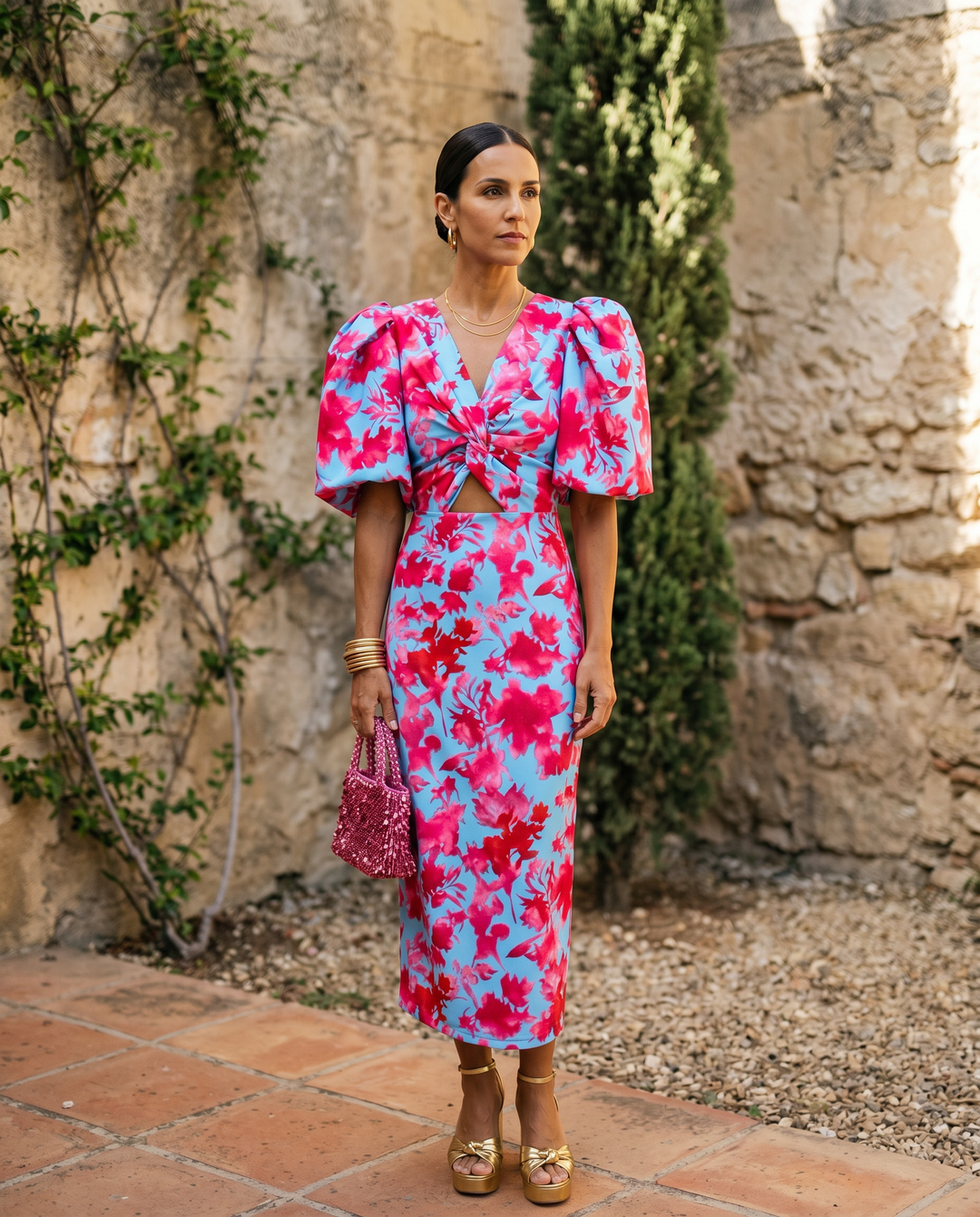 Carla | Robe Midi Imprimée avec Manches Bouffantes