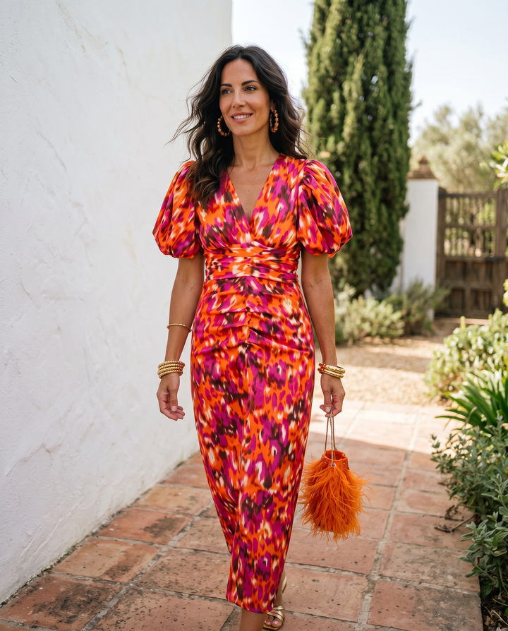 Carla | Robe Midi Imprimée avec Manches Bouffantes