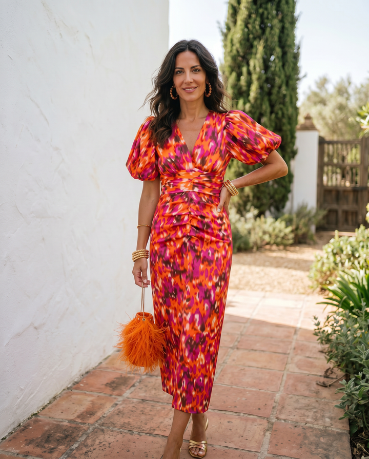 Carla | Robe Midi Imprimée avec Manches Bouffantes