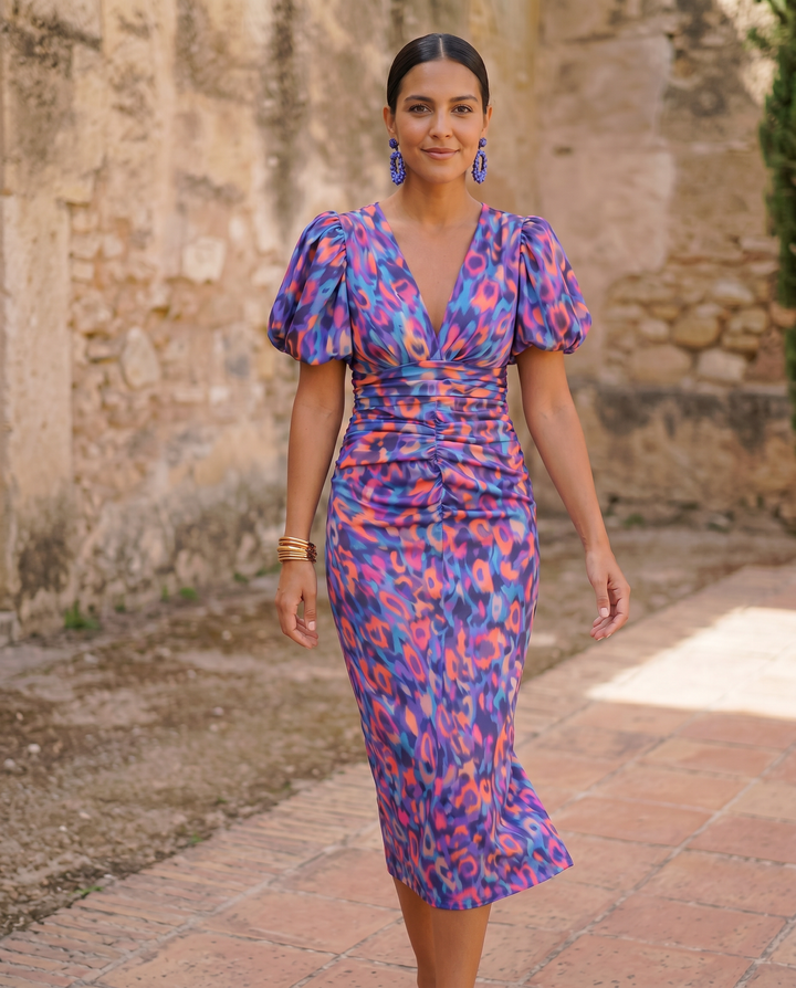 Carla | Robe Midi Imprimée avec Manches Bouffantes