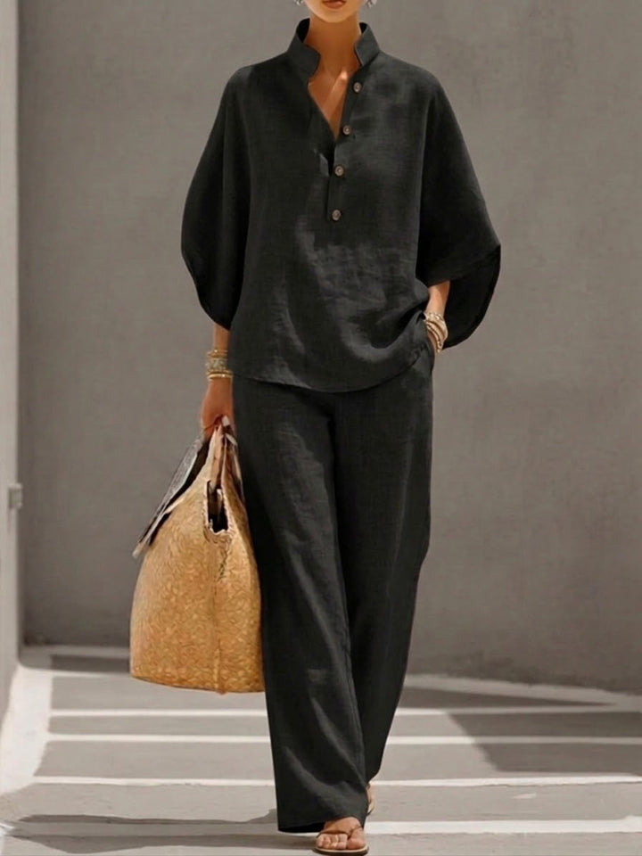 Mariel | Ensemble Effet Lin en Deux Pièces avec Manches Chauve-Souris et Pantalons Fluides